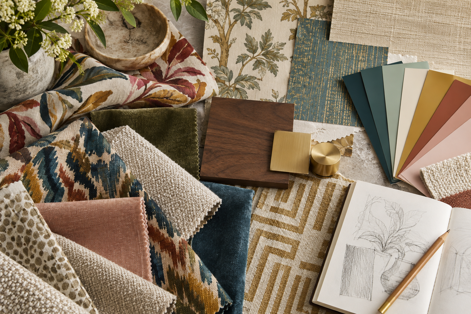 Layered interior materials, textiles, and color samples